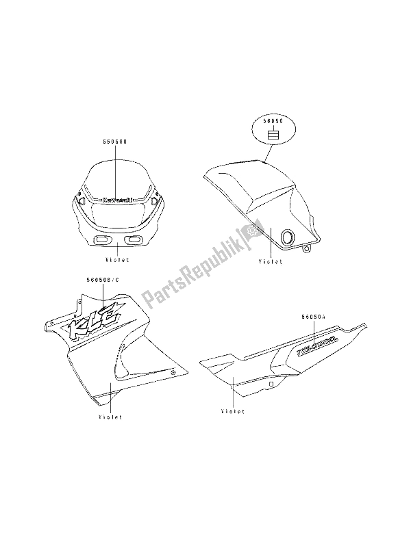 All parts for the Decals (violet) of the Kawasaki KLE 500 1992