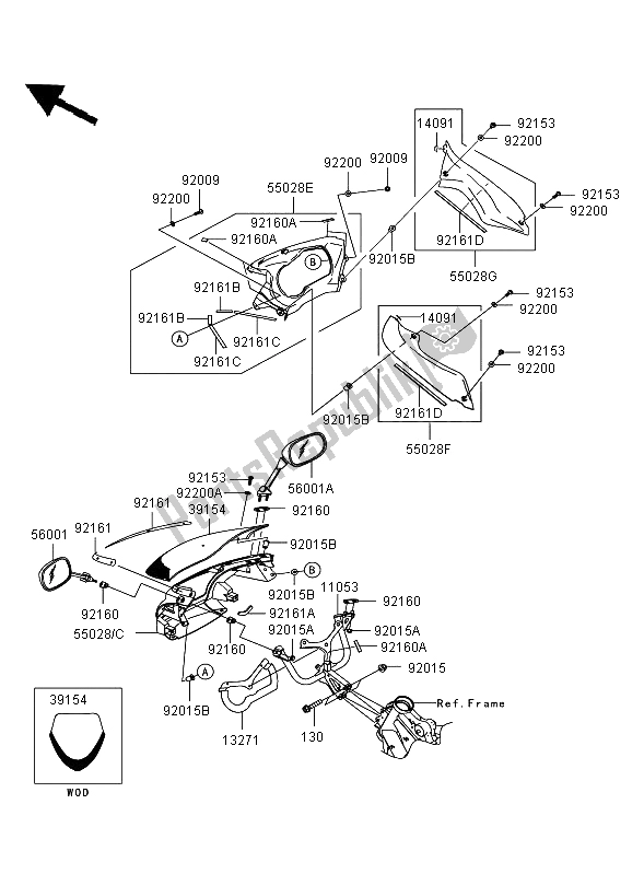 Alle onderdelen voor de Motorkap (bovenste) van de Kawasaki ER 6F 650 2006