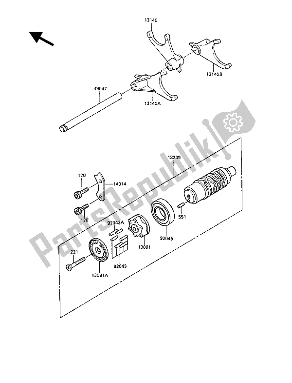 All parts for the Gear Change Drum & Shift Fork(s) of the Kawasaki GPZ 1000 RX 1988