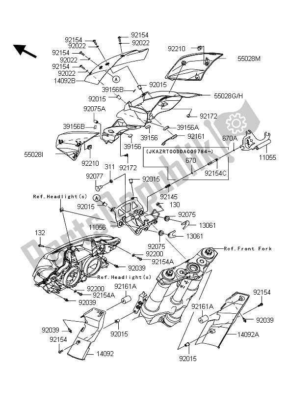 All parts for the Cowling (upper) of the Kawasaki Z 1000 2011