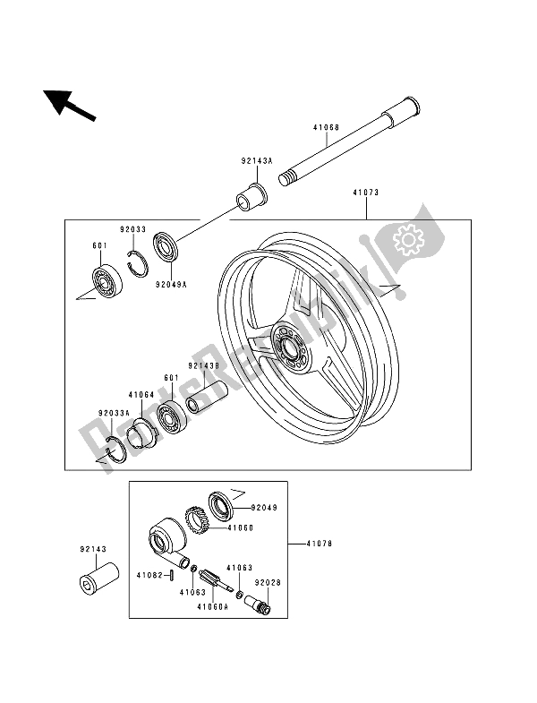 All parts for the Front Hub of the Kawasaki Zephyr 750 1991