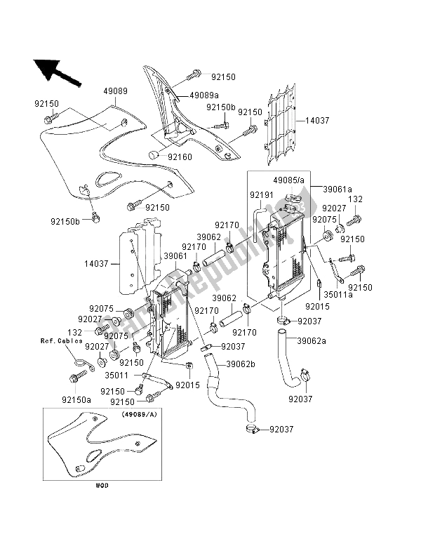 All parts for the Radiator of the Kawasaki KX 250 2001