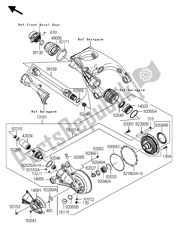 Alle onderdelen voor de Aandrijfas En Eindoverbrenging van de Kawasaki 1400 GTR ABS 2010