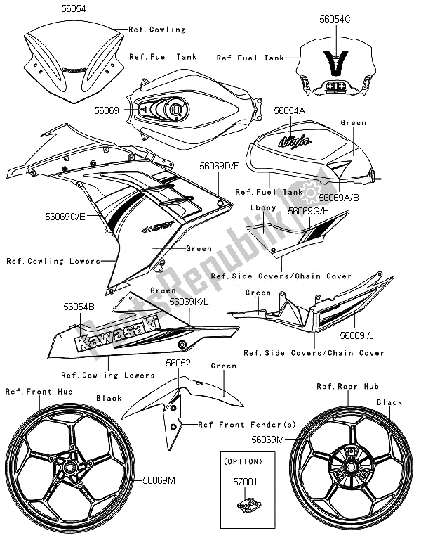 Toutes les pièces pour le Décalcomanies (vert) du Kawasaki Ninja 300 ABS 2014