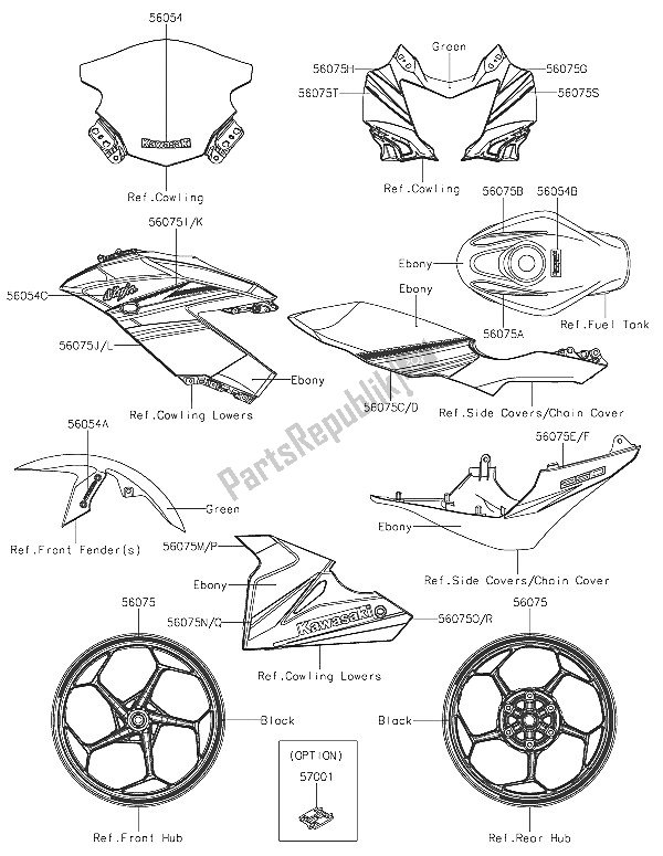 All parts for the Decals (green) of the Kawasaki Ninja 250 SL ABS 2016