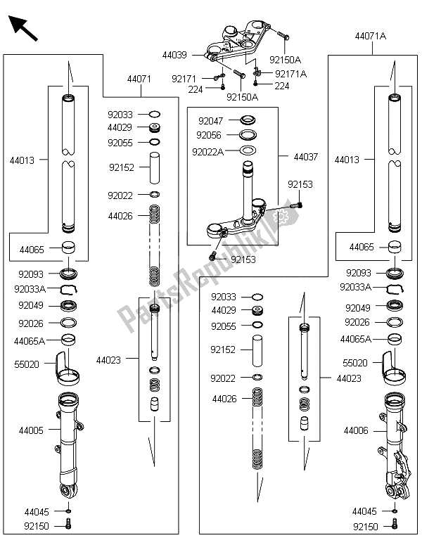 All parts for the Front Fork of the Kawasaki Ninja 300 ABS 2013