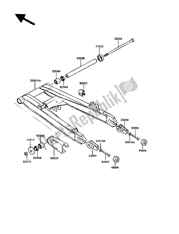 Alle onderdelen voor de Achterbrug van de Kawasaki GPZ 550 1985