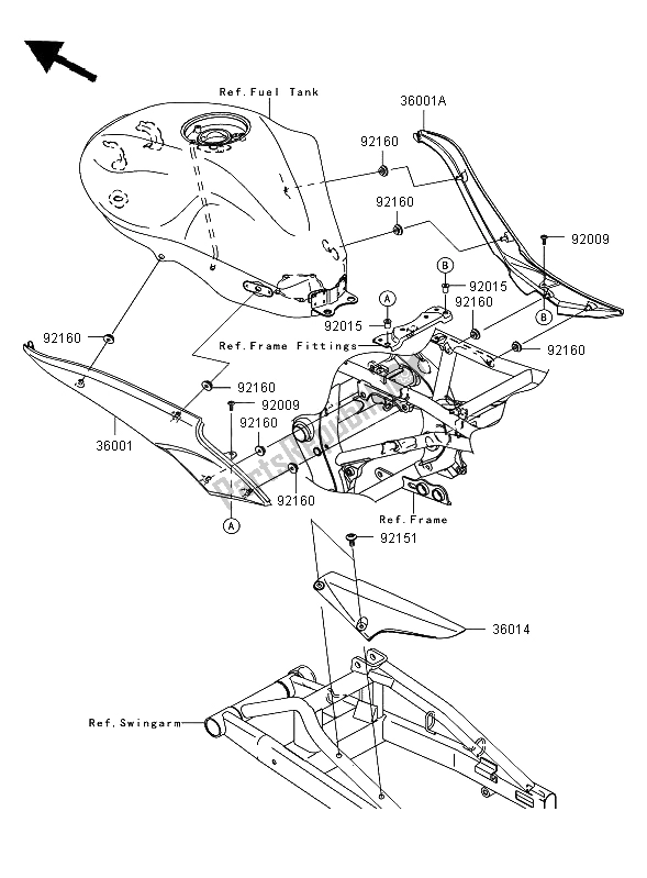 Alle onderdelen voor de Zijafdekkingen En Kettingafdekking van de Kawasaki ER 6F ABS 650 2006