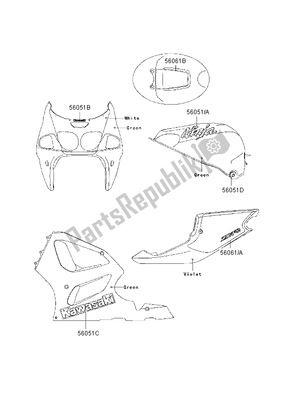 Alle onderdelen voor de Stickers van de Kawasaki Ninja ZX 7 RR 750 1996