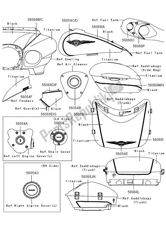 Alle onderdelen voor de Decaks (titanium-zwart) van de Kawasaki VN 1700 Voyager ABS 2009