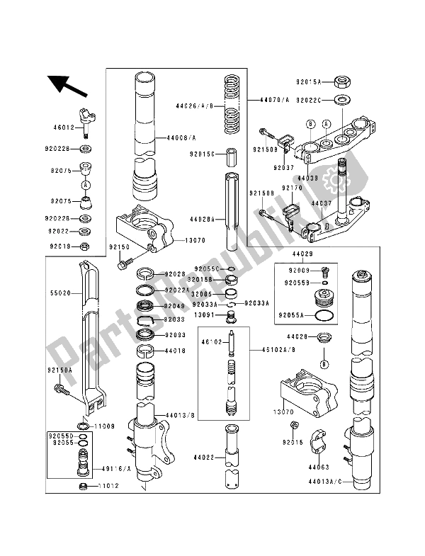 Todas as partes de Garfo Dianteiro do Kawasaki KX 500 1993