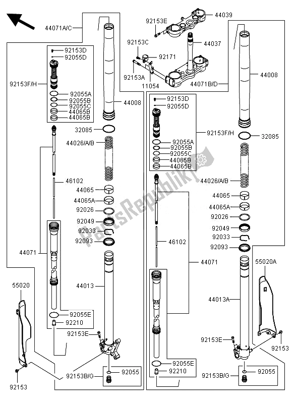 Alle onderdelen voor de Voorvork van de Kawasaki KX 250F 2007