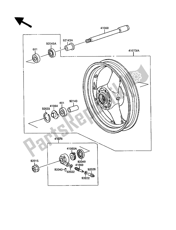 All parts for the Front Hub of the Kawasaki KR 1 2 250 1989