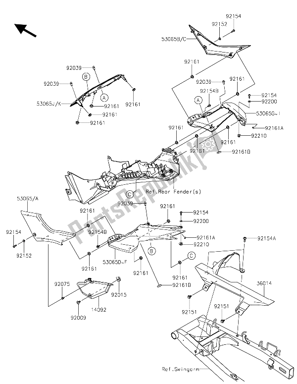 Toutes les pièces pour le Couvercles Latéraux Et Couvre Chaîne du Kawasaki Z 300 ABS 2015