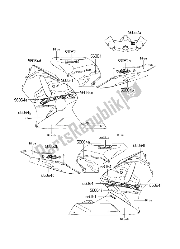 Toutes les pièces pour le Décalcomanies (bleu) du Kawasaki Ninja ZX 12R 1200 2001