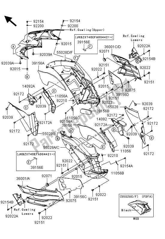 All parts for the Cowling (center) of the Kawasaki ZZR 1400 ABS 2013