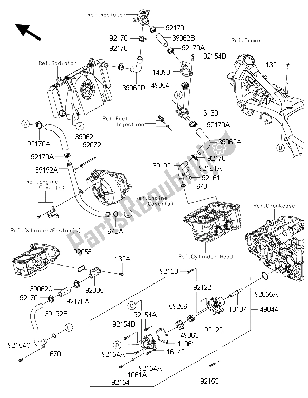 All parts for the Water Pipe of the Kawasaki Ninja 300 2015