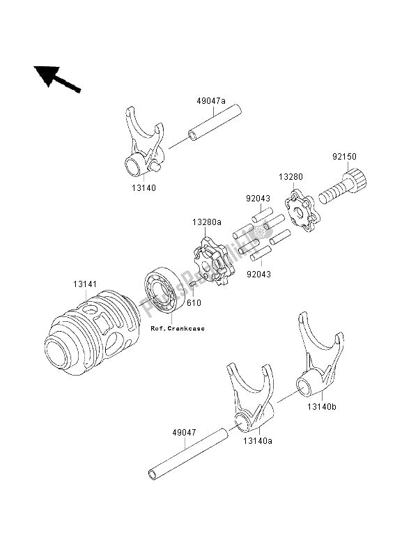 Alle onderdelen voor de Versnelling Veranderen Drum & Schakelvork van de Kawasaki KX 125 2001