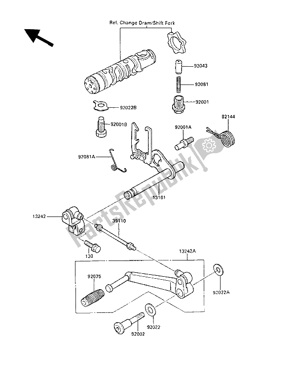 All parts for the Gear Change Mechanism of the Kawasaki GPZ 600R 1988