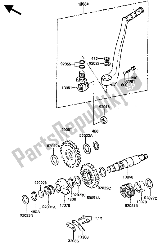 All parts for the Kickstarter Mechanism of the Kawasaki KDX 200 1985