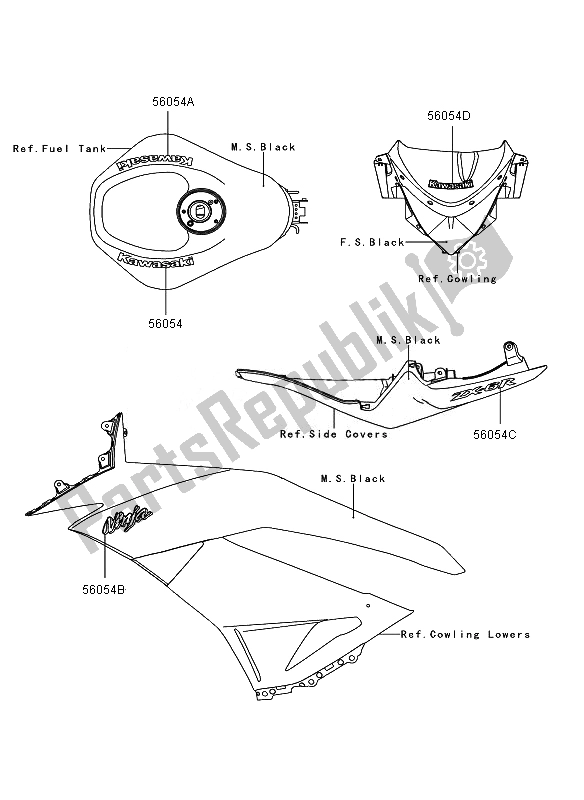 Alle onderdelen voor de Stickers (m. S. Zwart) van de Kawasaki Ninja ZX 6R 600 2010