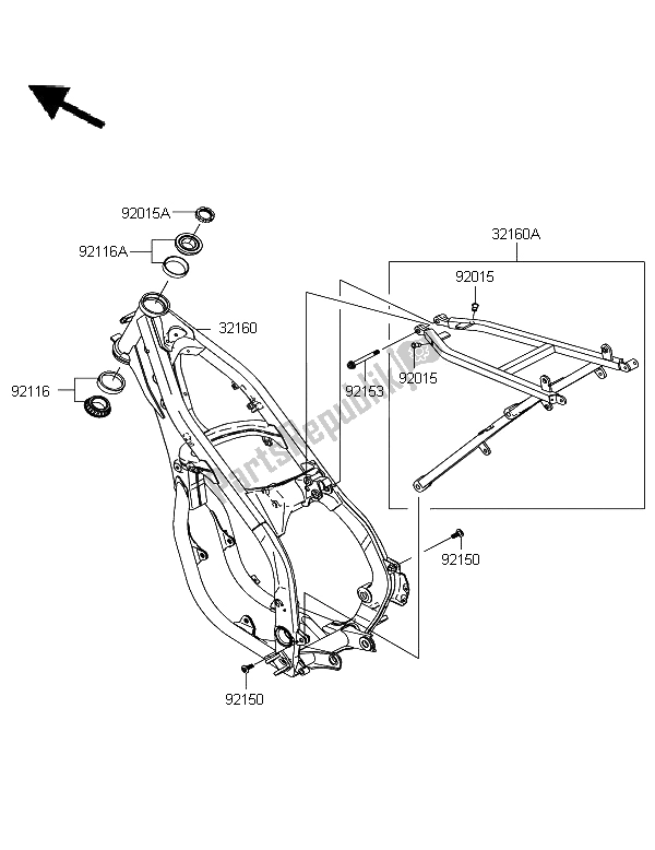 All parts for the Frame of the Kawasaki KX 250 2006