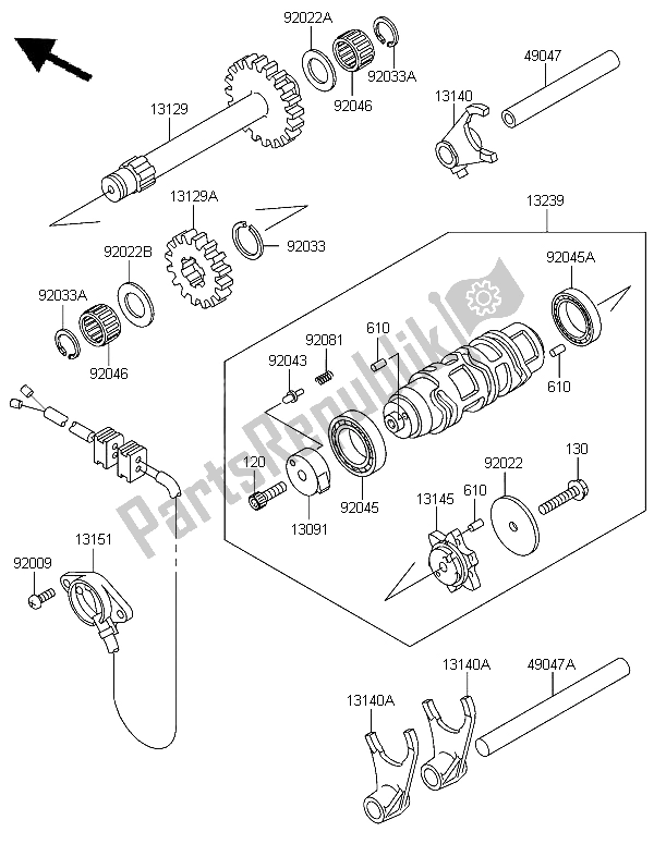 All parts for the Gear Change Drum & Shift Fork of the Kawasaki KLF 300 2006