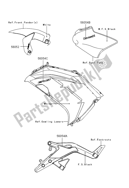 All parts for the Decals (white) of the Kawasaki ER 6F ABS 650 2013
