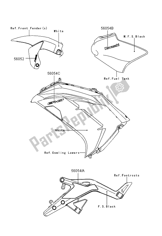 All parts for the Decals (white) of the Kawasaki ER 6F ABS 650 2013