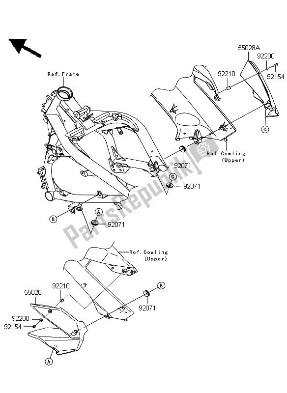All parts for the Cowling (center) of the Kawasaki ER 6F 650 2010