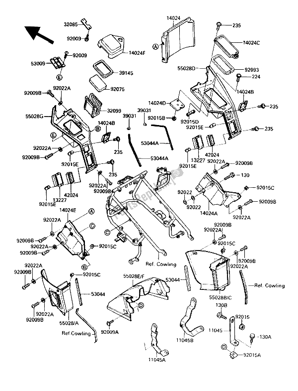 All parts for the Cowling Lowers of the Kawasaki Voyager XII 1200 1989