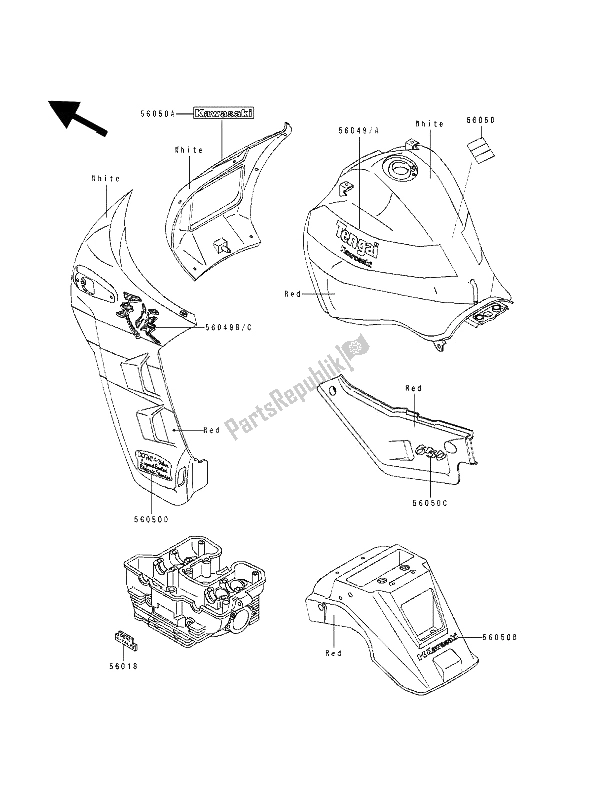 Todas as partes de Decalque (vermelho E Branco) do Kawasaki Tengai 650 1991
