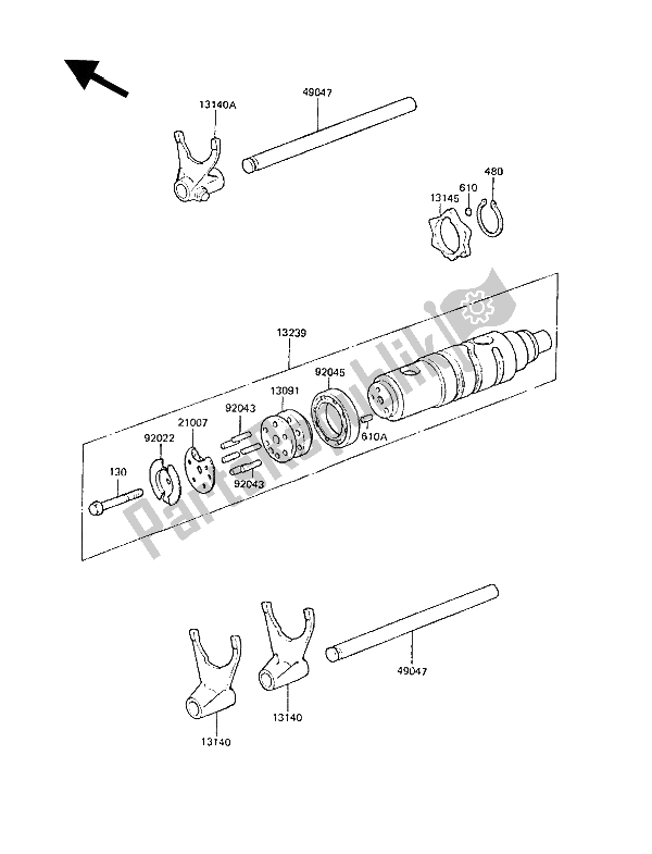 All parts for the Gear Change Drum & Shift Fork(s) of the Kawasaki Z 1300 1989