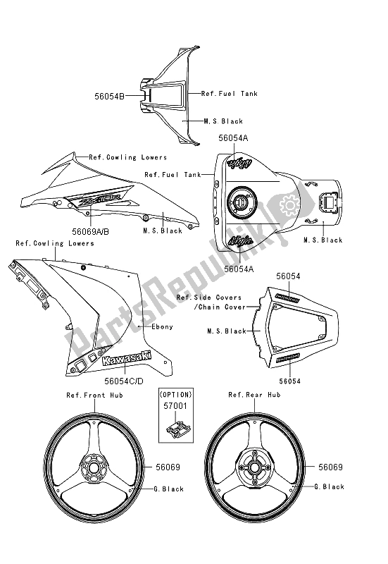 All parts for the Decals (ebony) of the Kawasaki Ninja ZX 10R 1000 2013