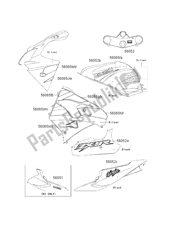 All parts for the Decals (silver-black) of the Kawasaki Ninja ZX 9R 900 2002