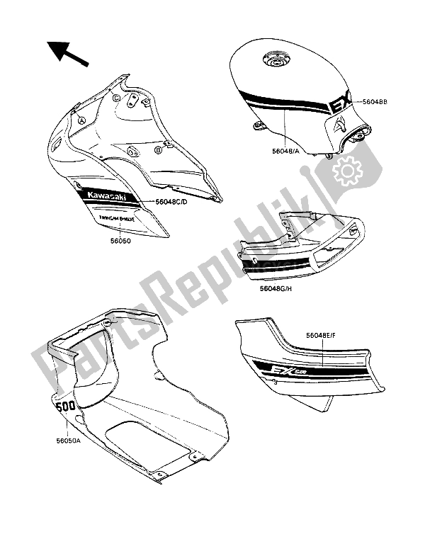 Alle onderdelen voor de Stickers (groen) van de Kawasaki GPZ 500S 1988