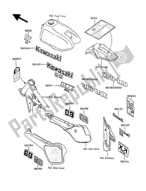 Tutte le parti per il Etichette del Kawasaki KX 60 1985
