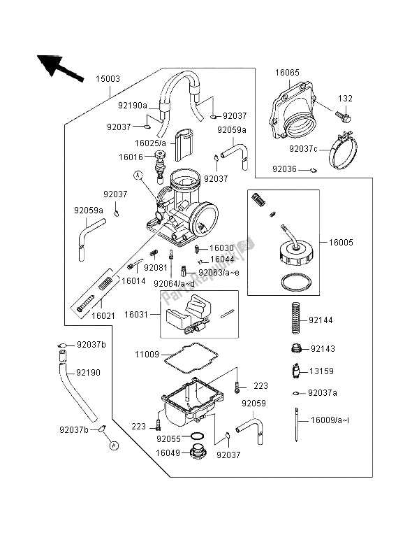 Alle onderdelen voor de Carburator van de Kawasaki KX 250 1996