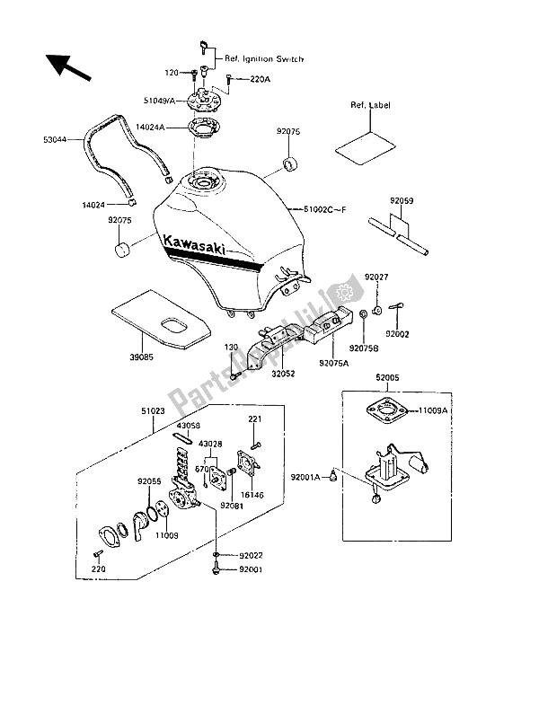 All parts for the Fuel Tank of the Kawasaki GPZ 1000 RX 1986