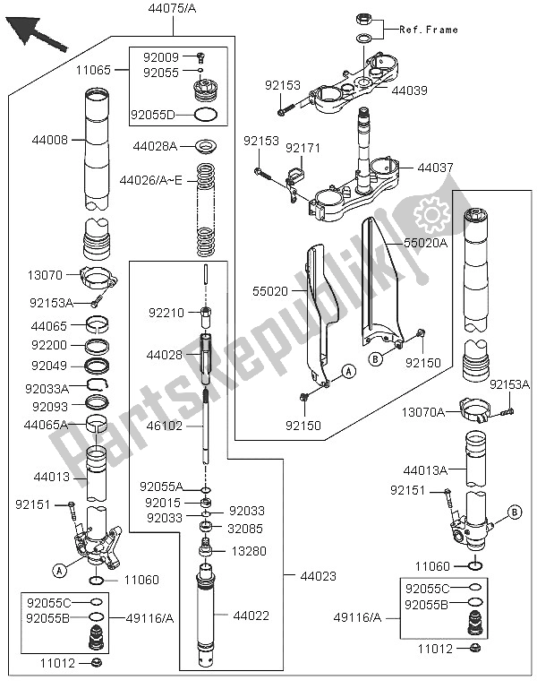All parts for the Front Fork of the Kawasaki KX 250F 2005