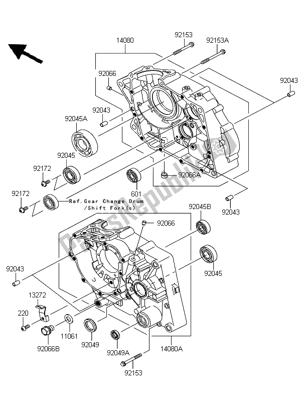 All parts for the Crankcase of the Kawasaki D Tracker 125 2011