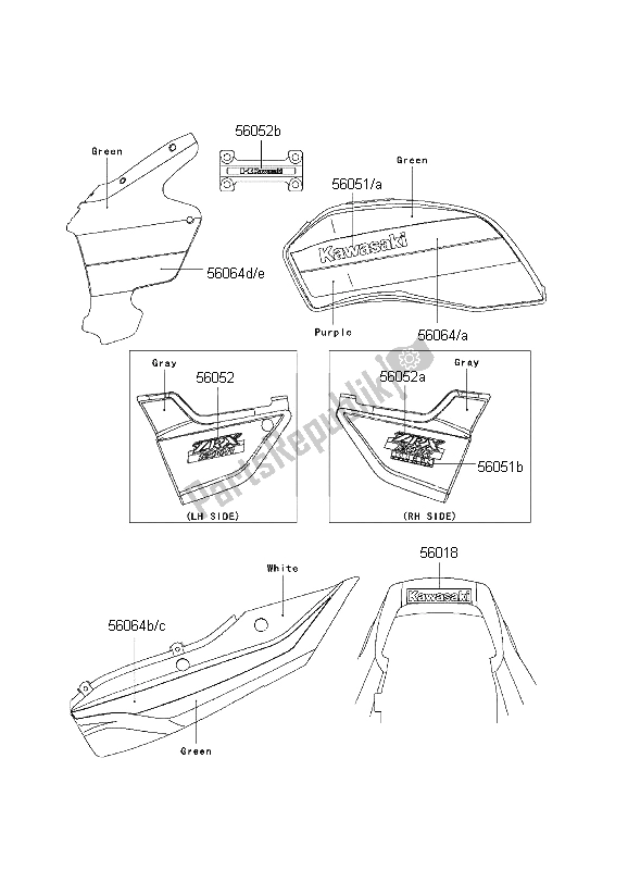 All parts for the Decals (green-purple) of the Kawasaki ZRX 1200R 2001