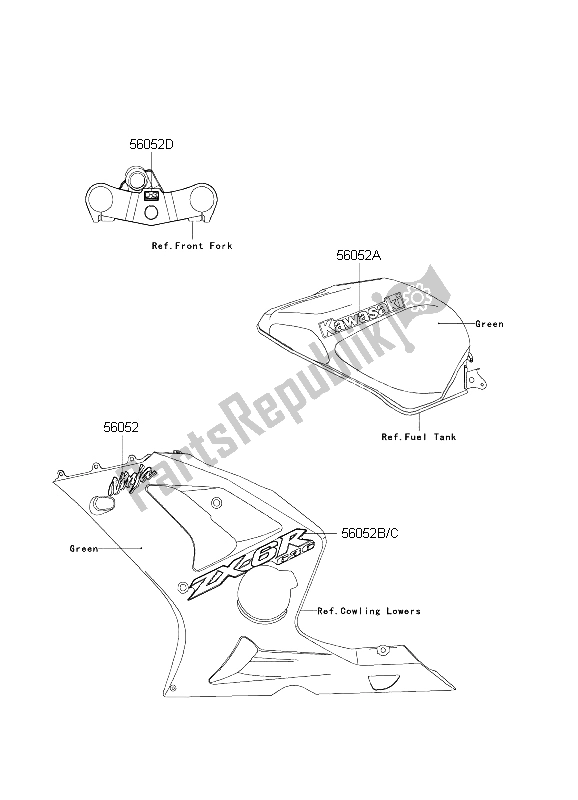 All parts for the Decals (green) of the Kawasaki Ninja ZX 6R 600 2004