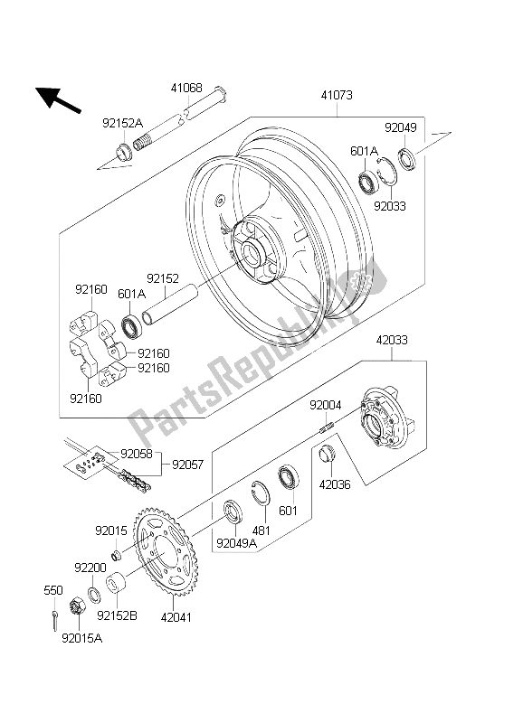 All parts for the Rear Hub of the Kawasaki Ninja ZX 6 RR 600 2004