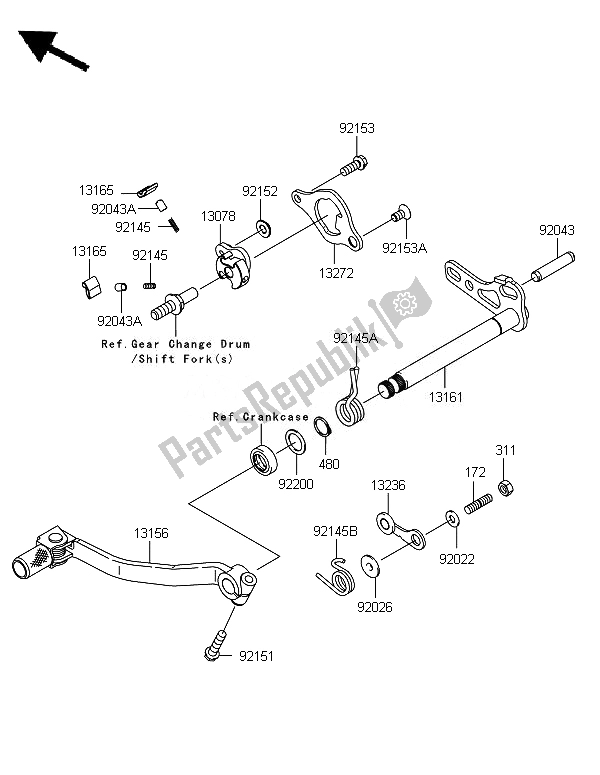 All parts for the Gear Change Mechanism of the Kawasaki KX 250F 2010