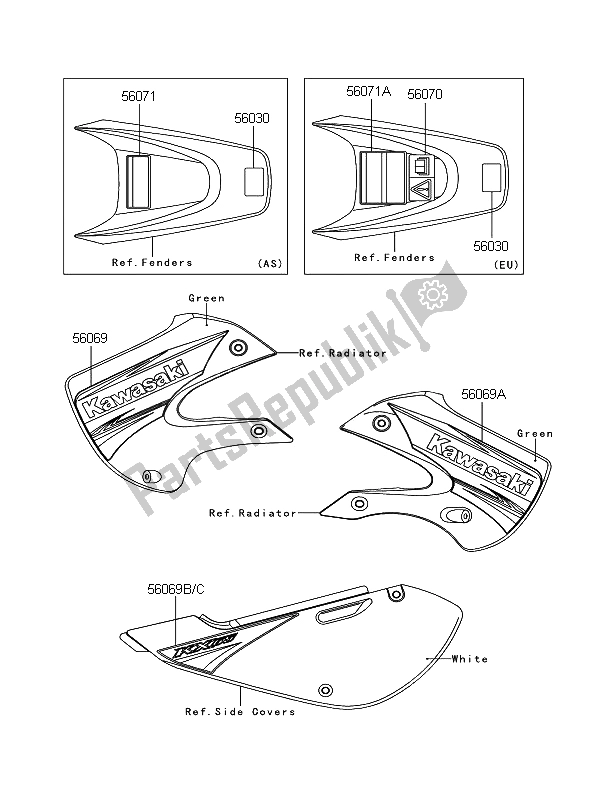 Alle onderdelen voor de Labels (groen) van de Kawasaki KX 65 2011