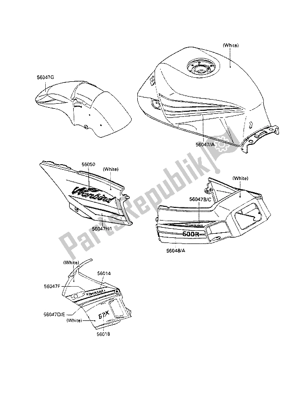 Tutte le parti per il Decalcomanie (bianco) del Kawasaki GPX 600R 1988