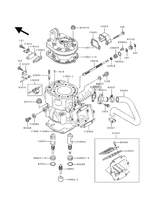 All parts for the Cylinder Head & Cylinder of the Kawasaki KX 250 1990