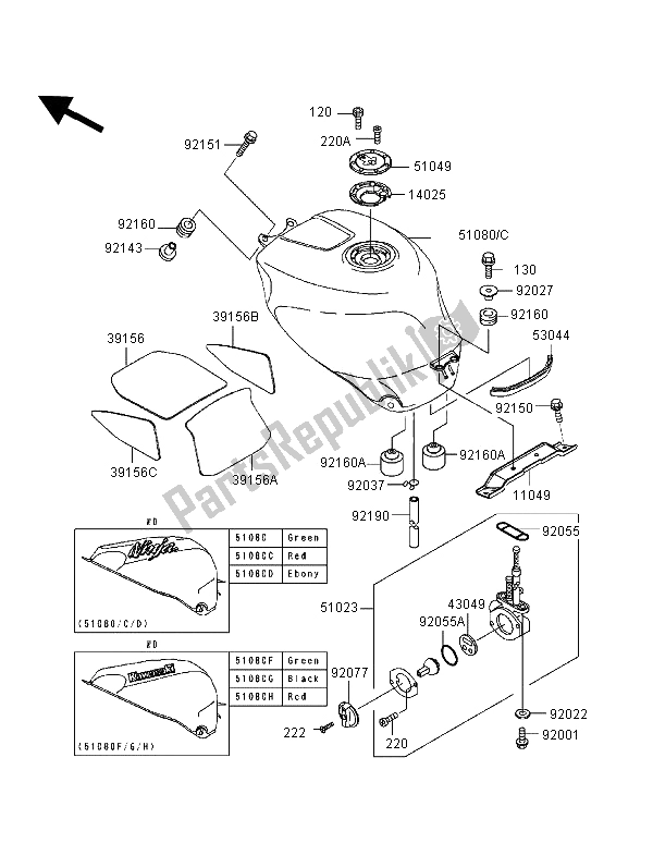 All parts for the Fuel Tank of the Kawasaki Ninja ZX 7R 750 1996