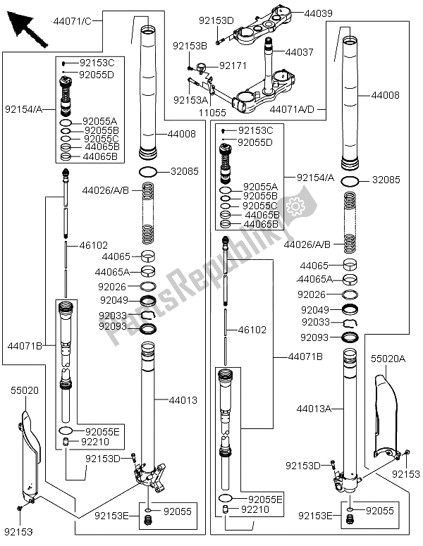 All parts for the Front Fork of the Kawasaki KX 250F 2009
